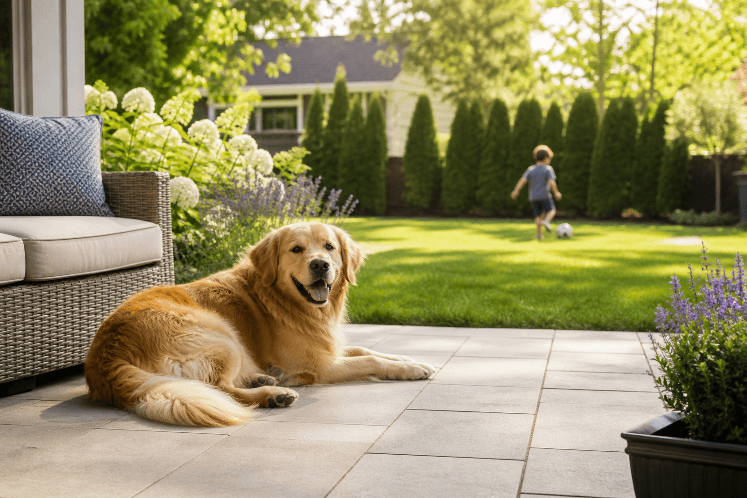 A dog enjoying a clean backyard patio